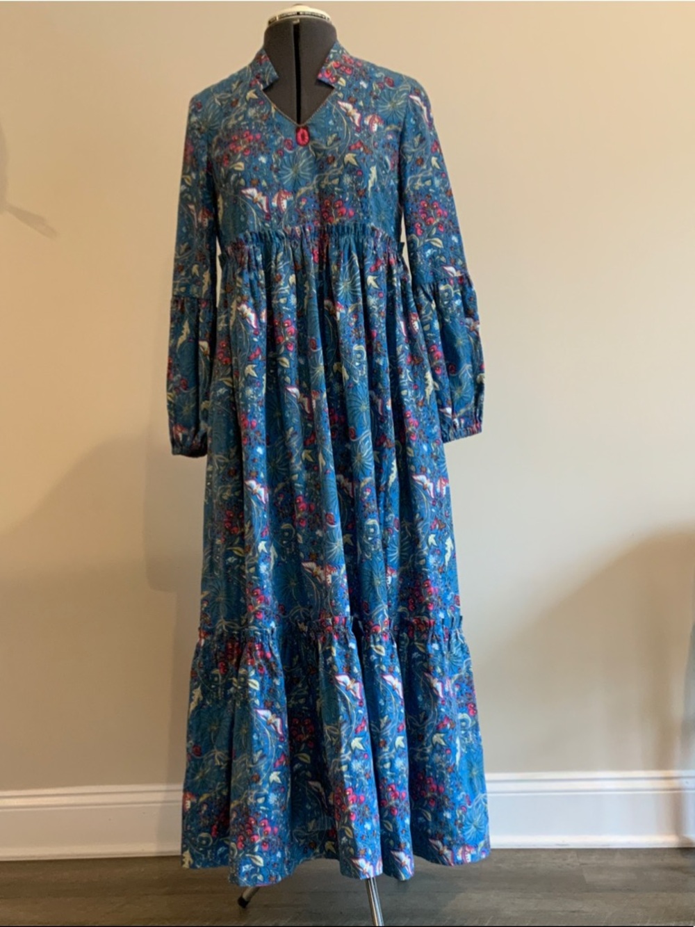Blue Floral Tiered Hand Made Maxi Dress with Long Sleeves